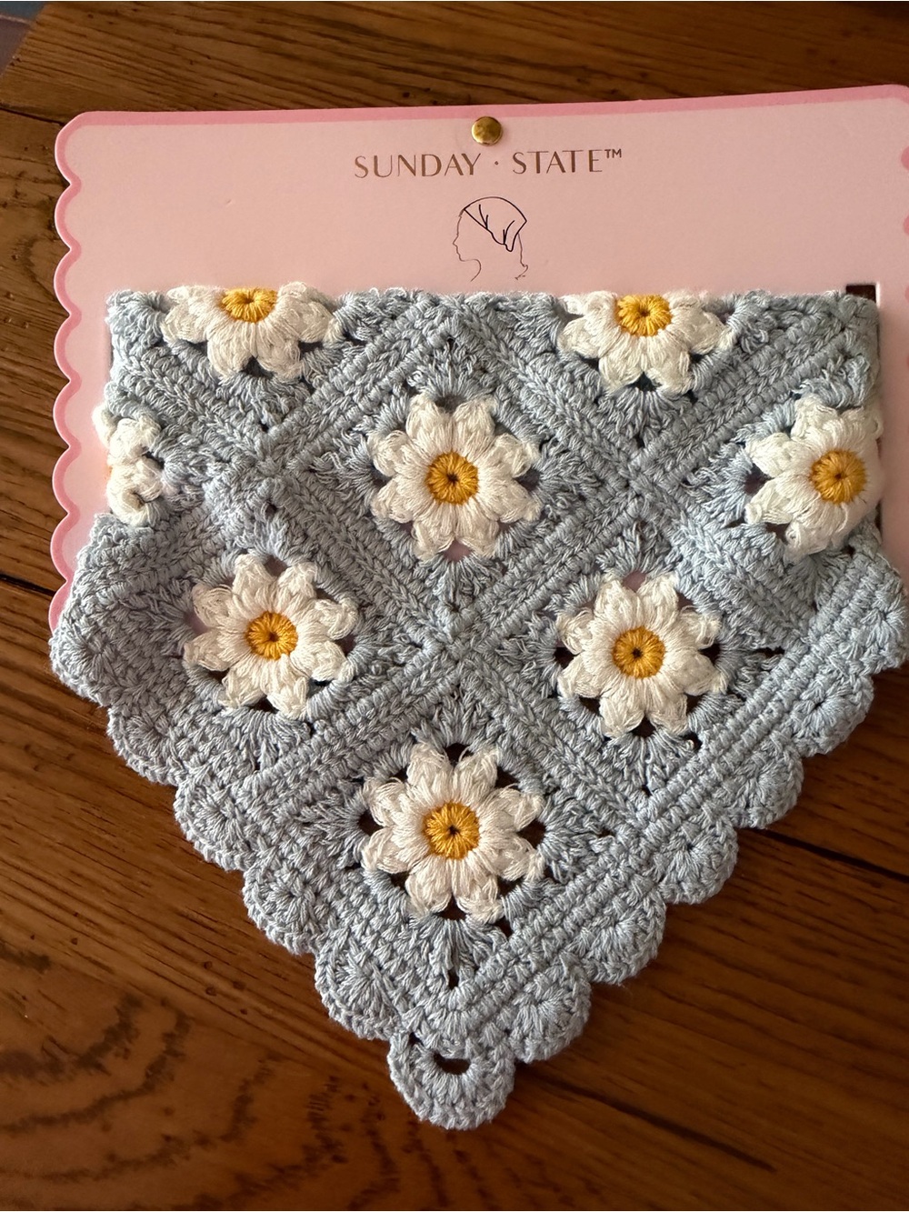Sunday State Light Blue Crochet Daisy Triangle Scarf